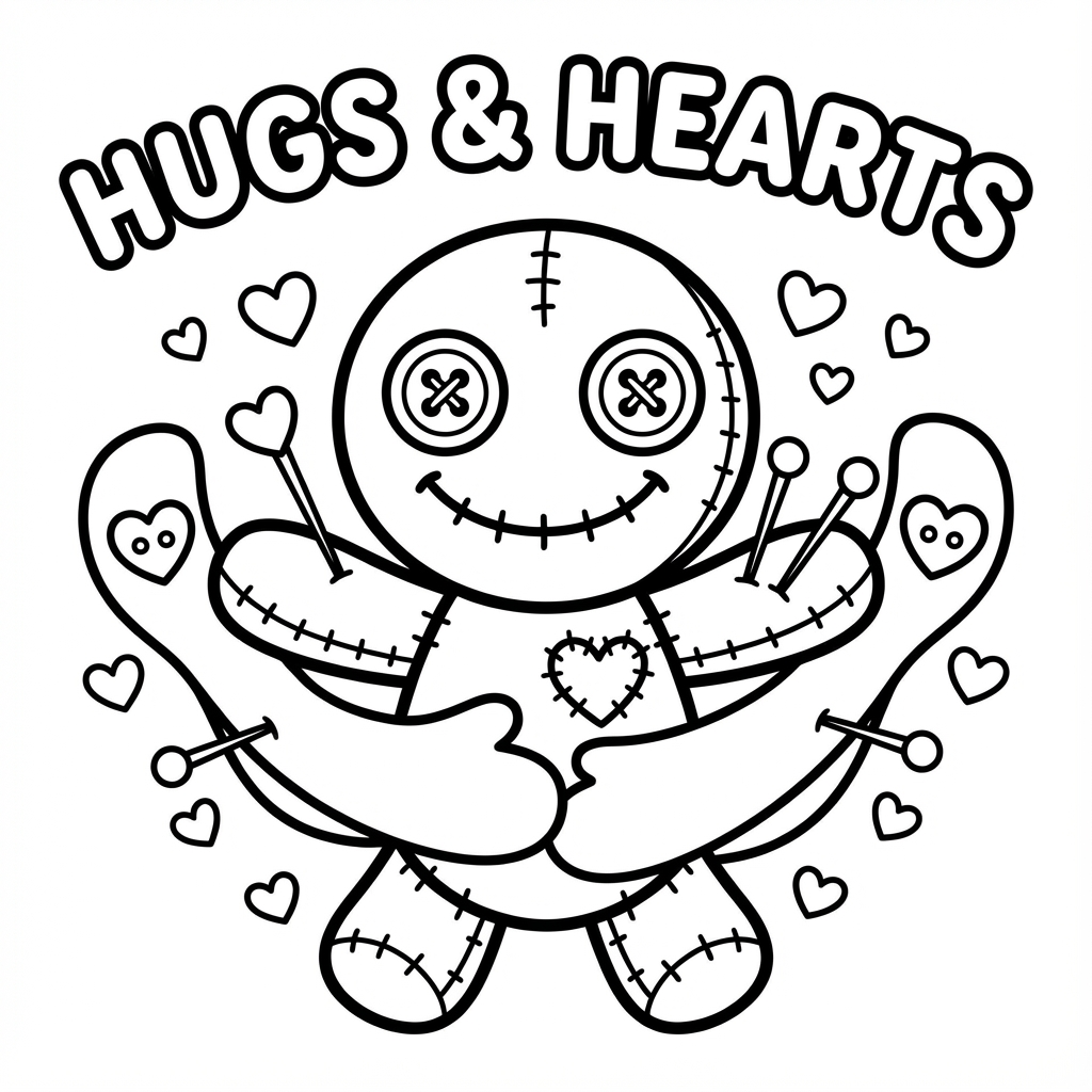 Voodoo doll giving hugs with hearts, designed for chunky line art coloring and bold line coloring pages.